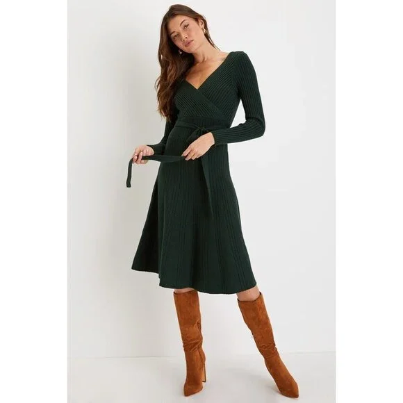 Lulus Warm Emotions Emerald Green Skater Midi Sweater Dress - Size M - Picture 1 of 5
